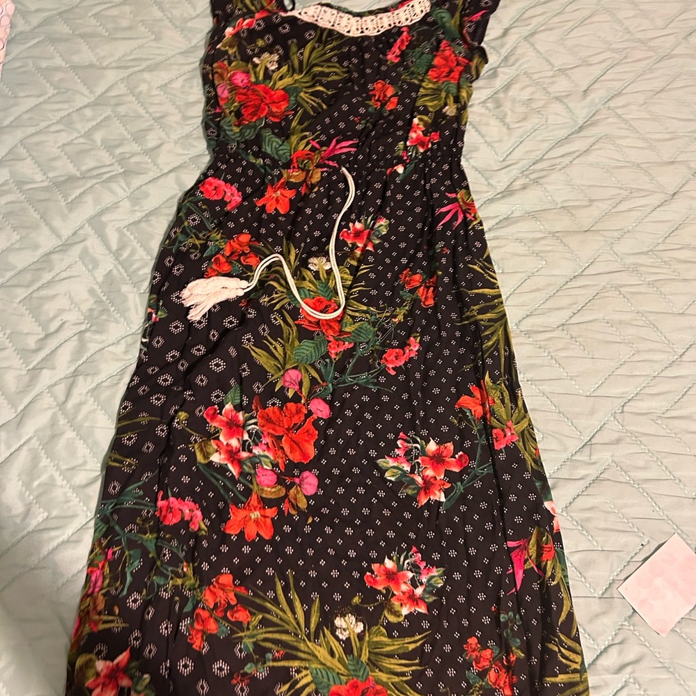New Floral Black Maxi Dress with Lace Detail long size Large